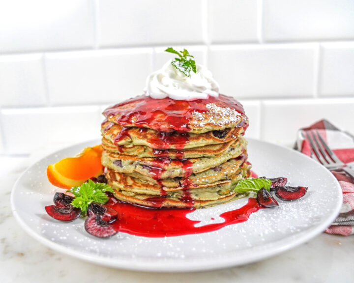 cherry pancake stack with hibiscus syrup