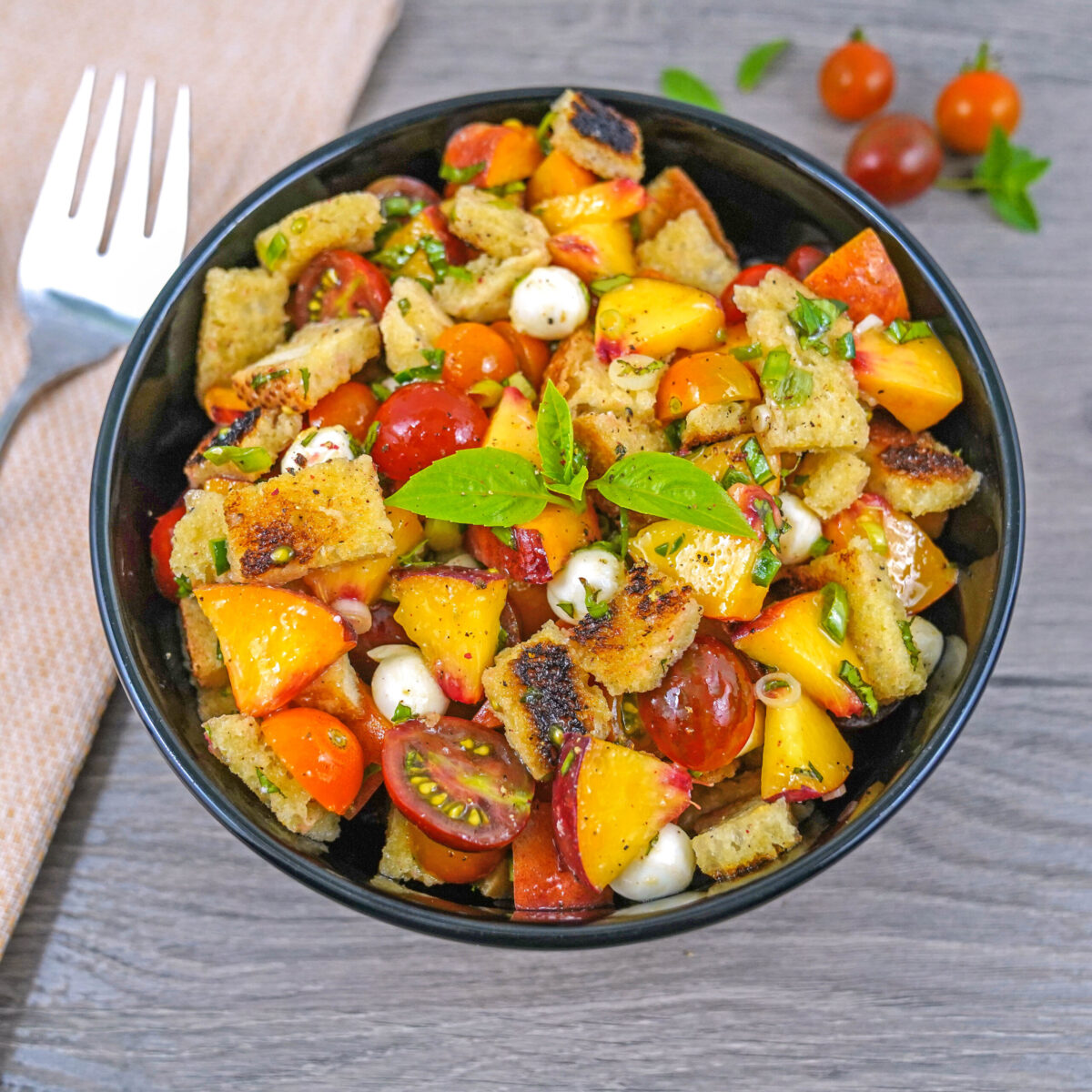 peach and tomato panzanella salad