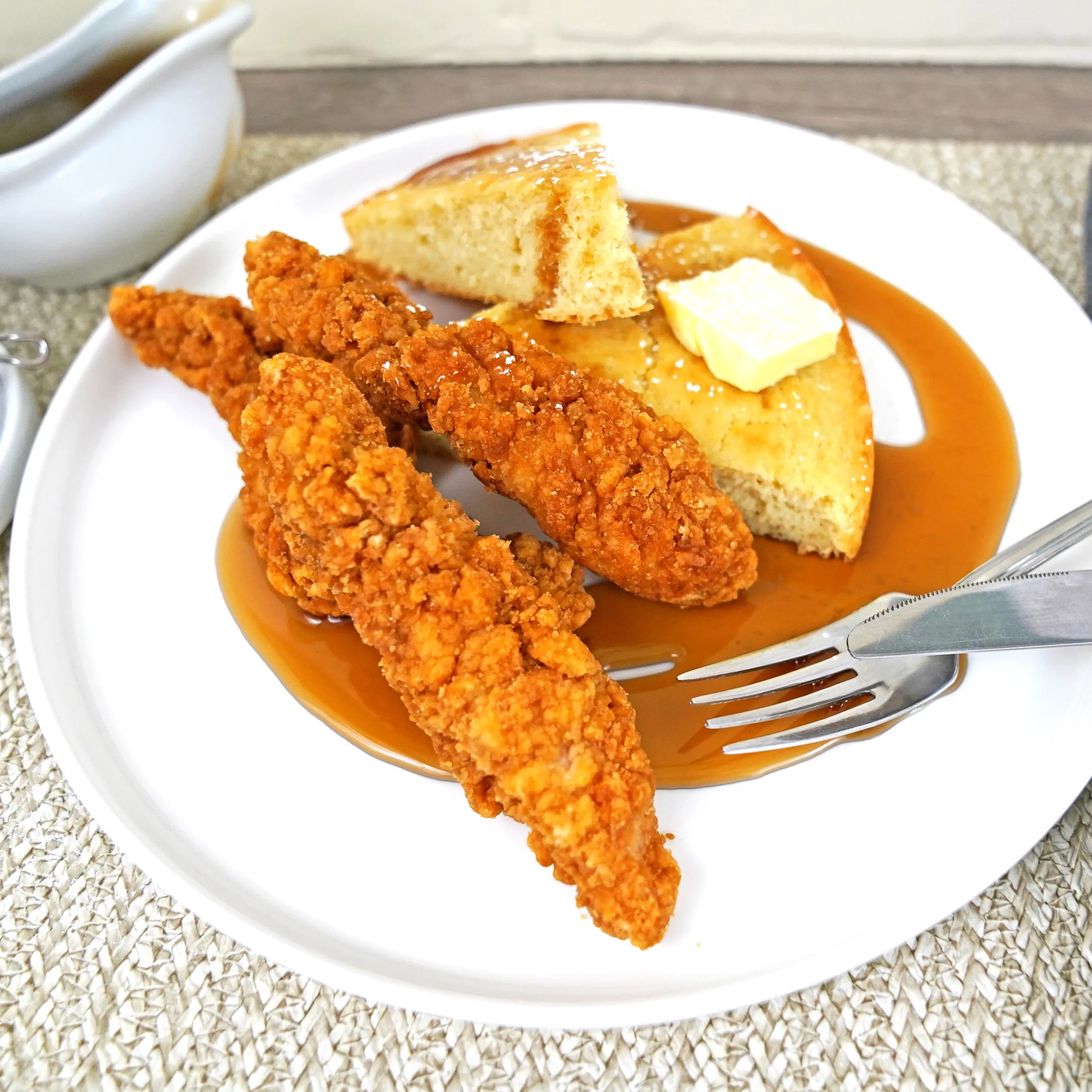 fried chicken and baked buttermilk pancake