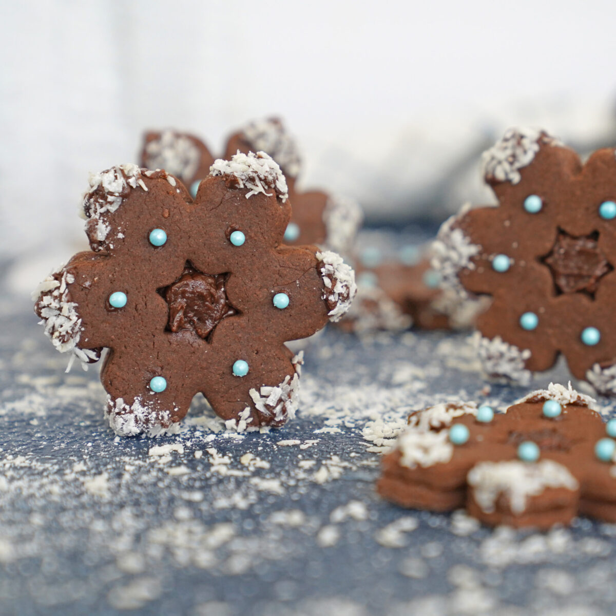 Snowflake Shaped Chocolate Hazelnut Cookies with Nutella