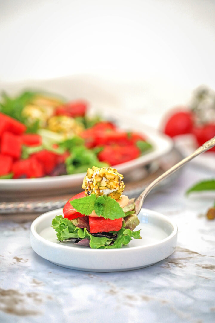watermelon mint salad with pistachio crusted goat cheese