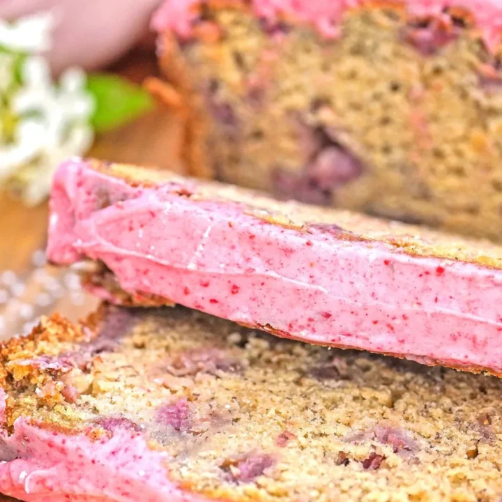 strawberry banana bread with strawberry frosting