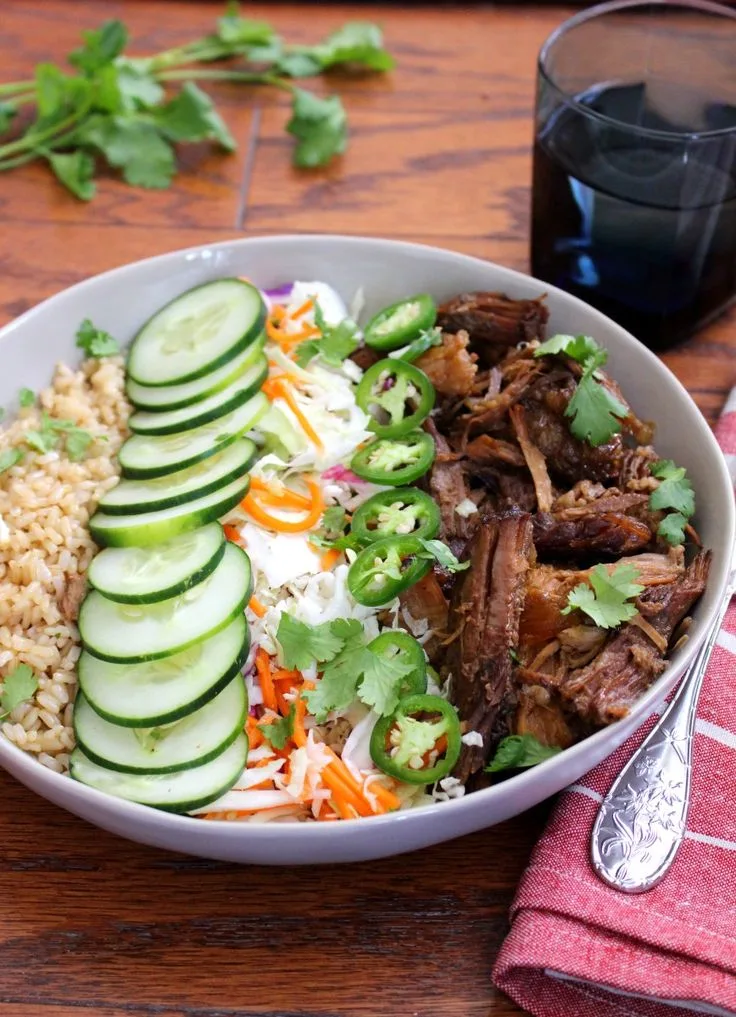 Crockpot Banh Mi Brown Rice Bowls with Asian Slaw