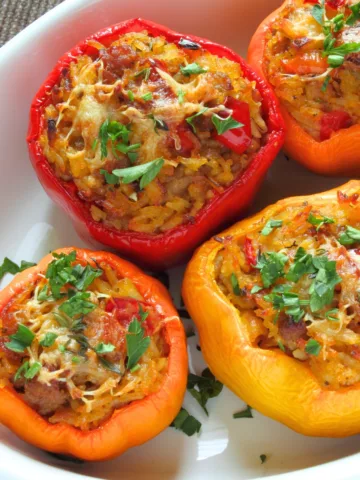 red, yellow and orange Stuffed Bell Peppers
