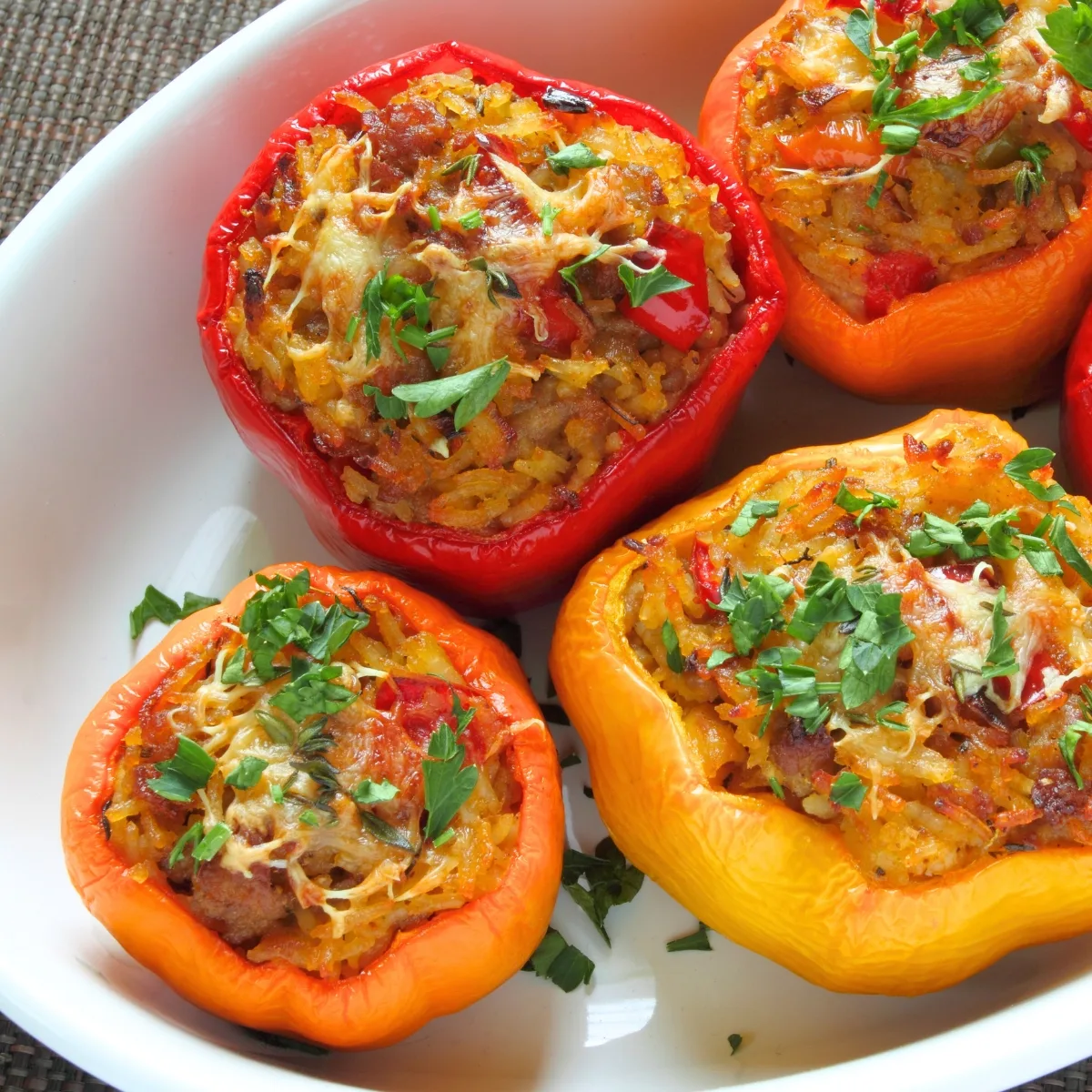 red, yellow and orange Stuffed Bell Peppers