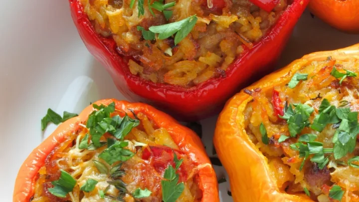 red, yellow and orange Stuffed Bell Peppers