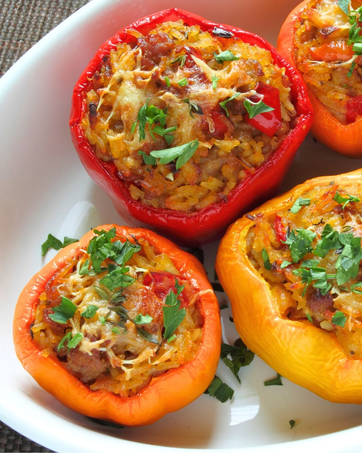 red, yellow and orange Stuffed Bell Peppers