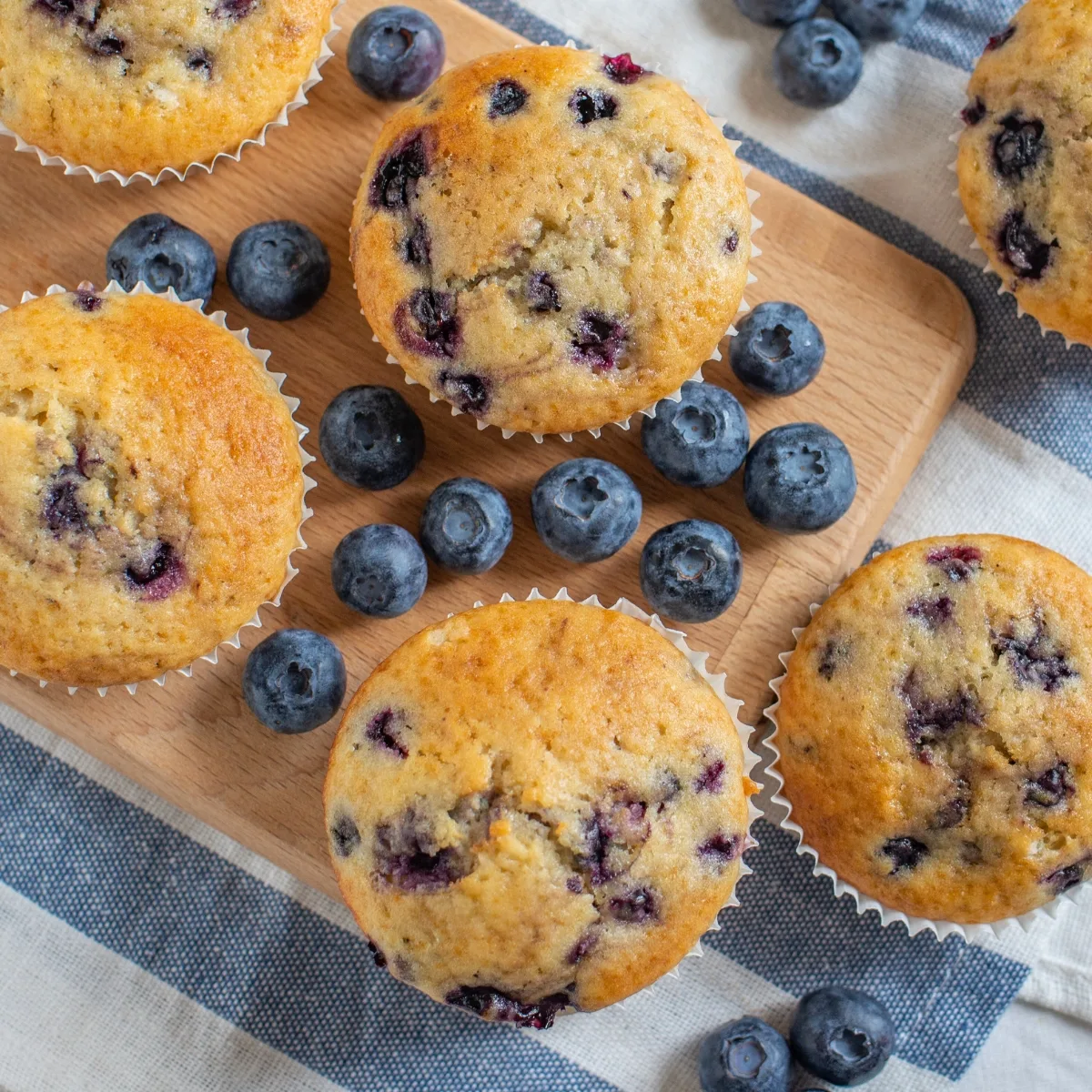 Blueberry Muffin Recipe - blueberry muffins on a board