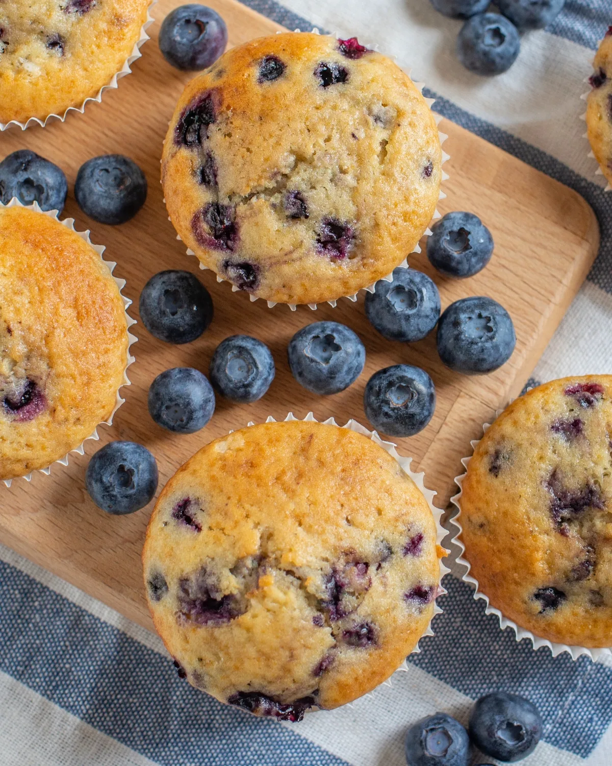 Blueberry Muffin Recipe - blueberry muffins on a board
