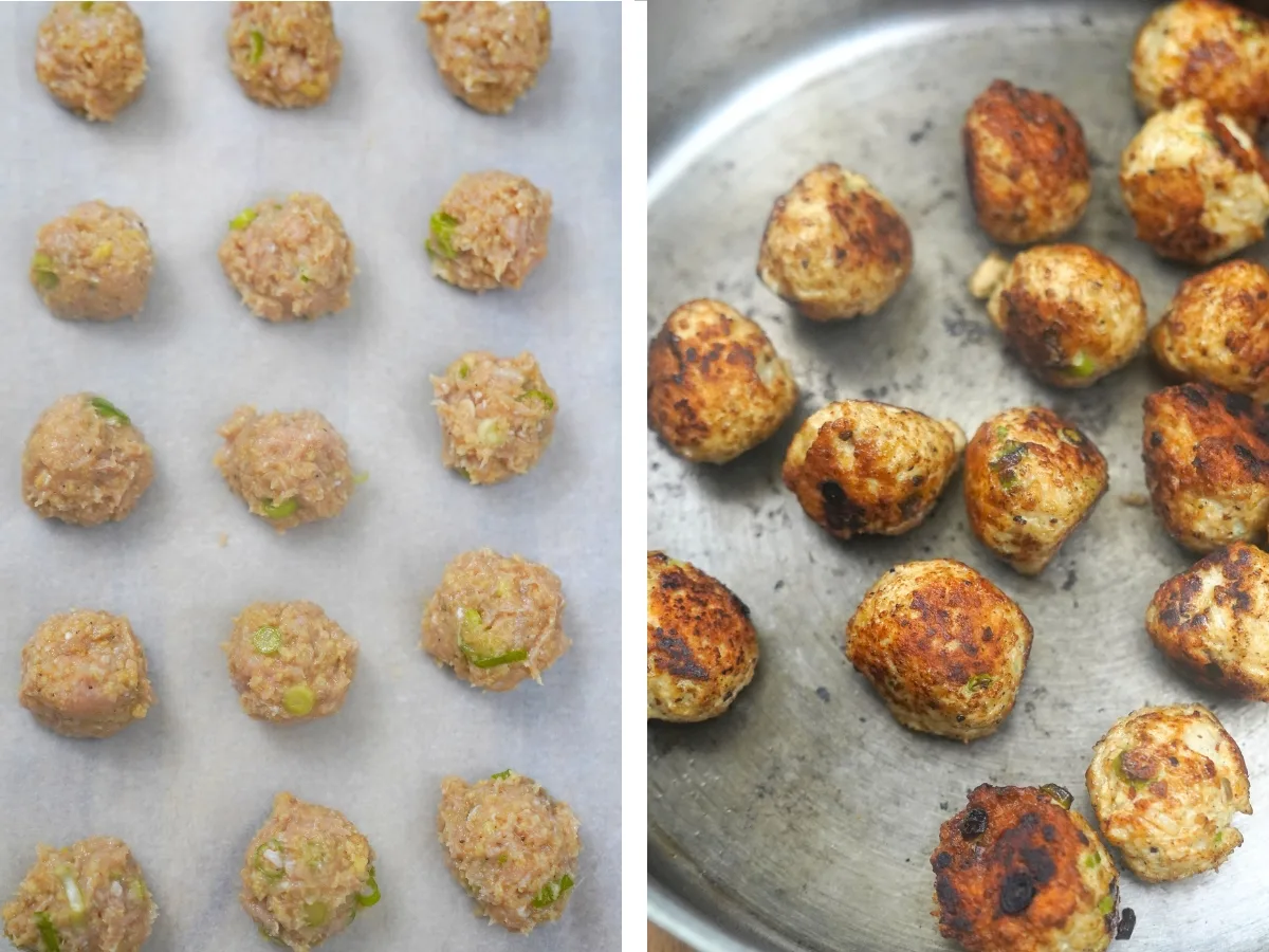 Teriyaki Chicken Meatballs - before and after - raw meatballs and cooked meatballs