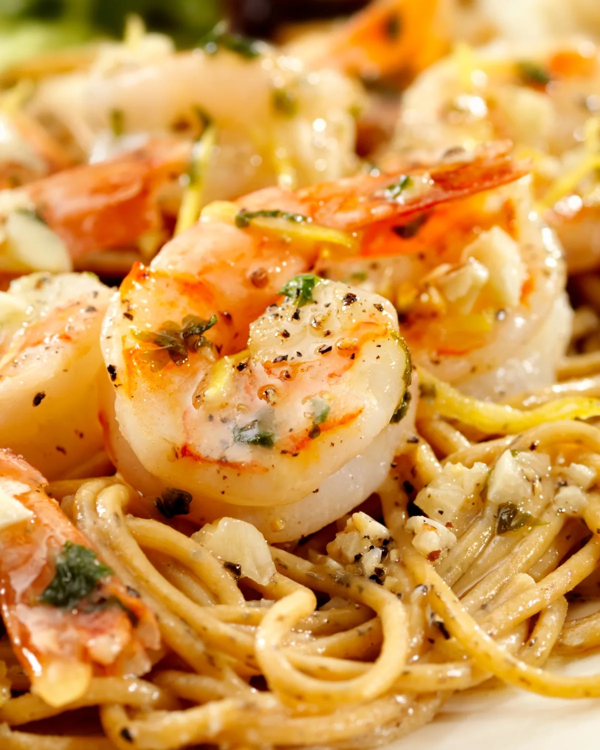 Garlic Shrimp Pasta - shrimp over a bed of spaghetti