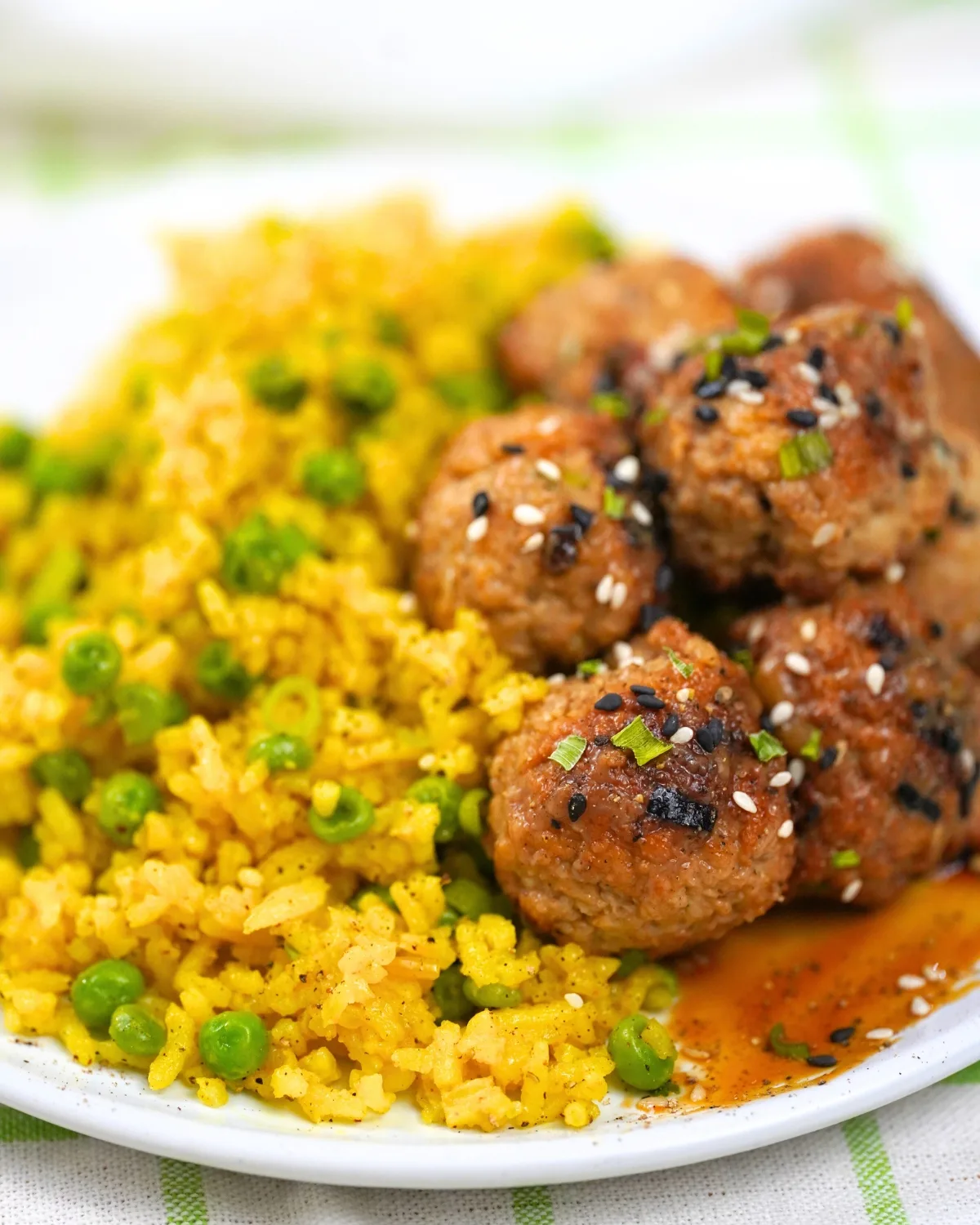 jasmine rice and peas with teriyaki chicken meatballs