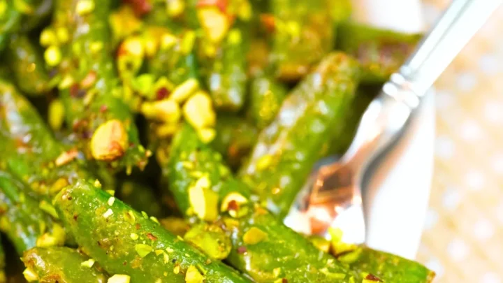 Recipe for Sugar Snap Peas- close up image of sauteed sugar snap peas