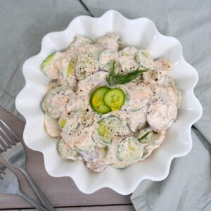 Creamy Cucumber Radish Salad in a white bowl