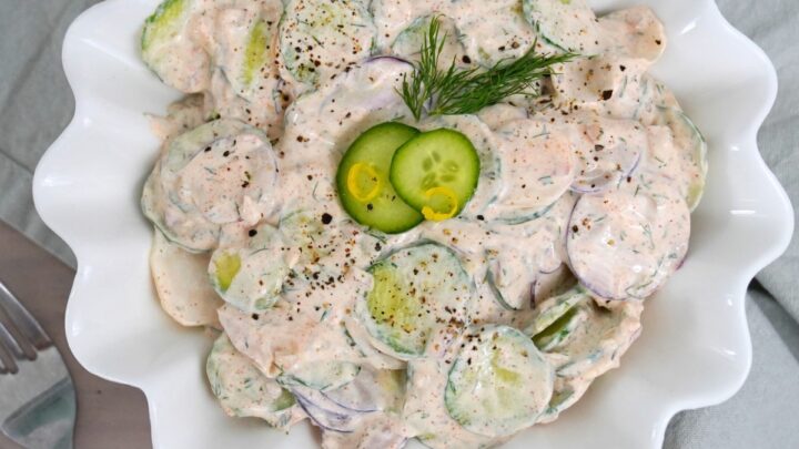 Creamy Cucumber Radish Salad in a white bowl