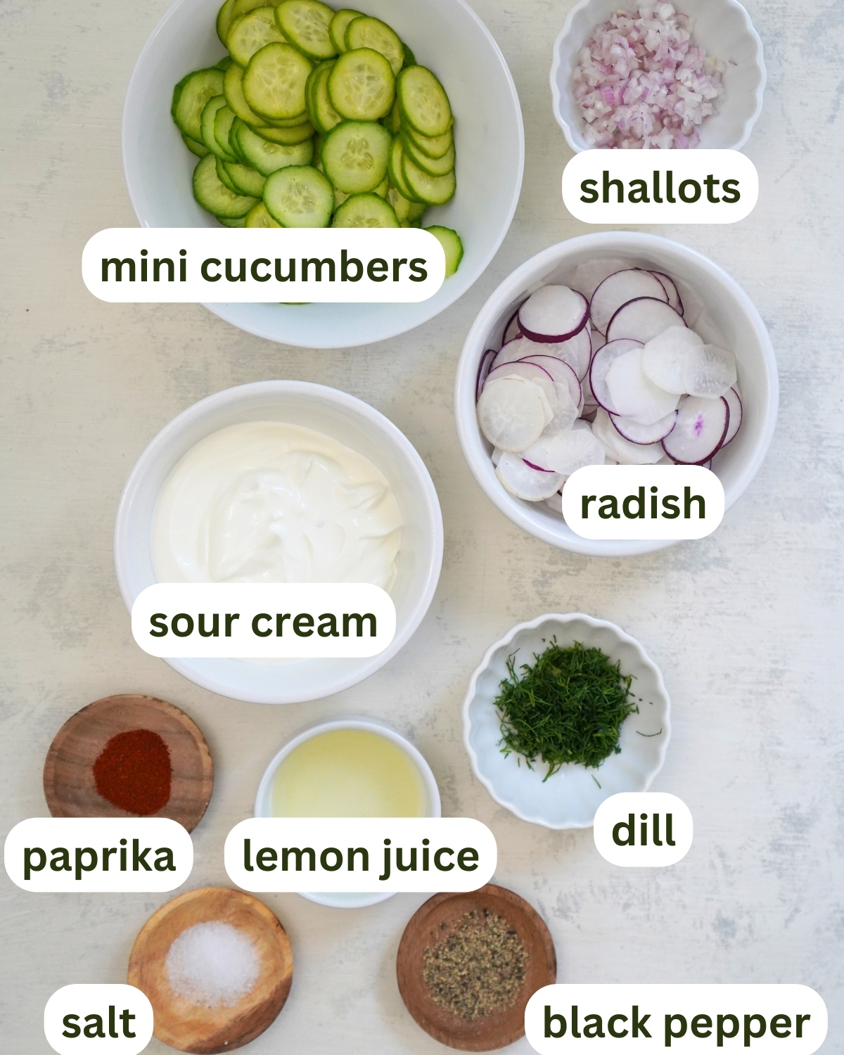 Creamy Cucumber Radish Salad ingredients listed