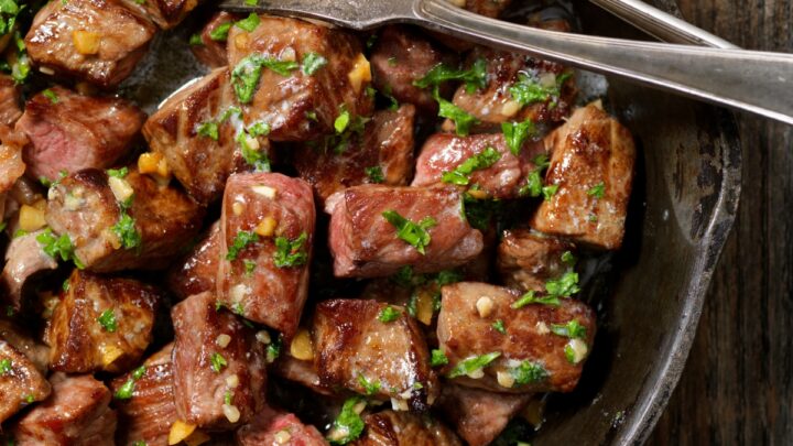 garlic butter steak bites in a pan