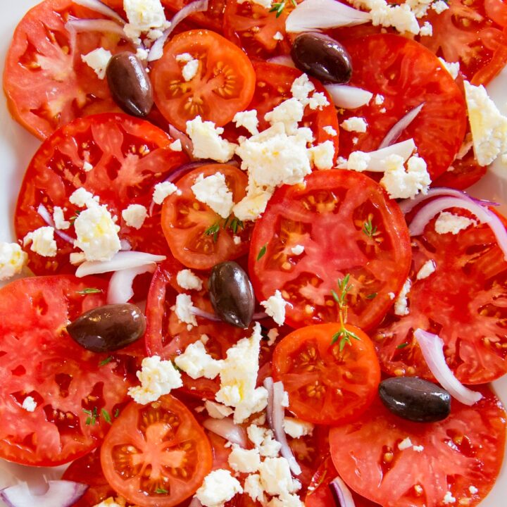 easy tomato feta salad with olives and red onions