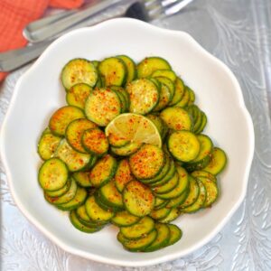 Tajin Cucumber salad in a white bowl