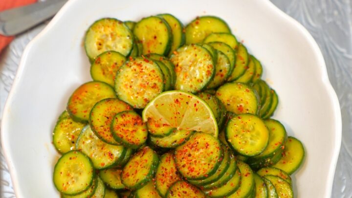 Tajin Cucumber salad in a white bowl