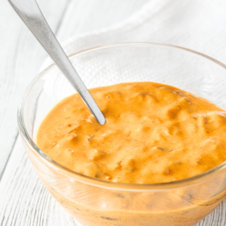 burger sauce in a white bowl with a spoon