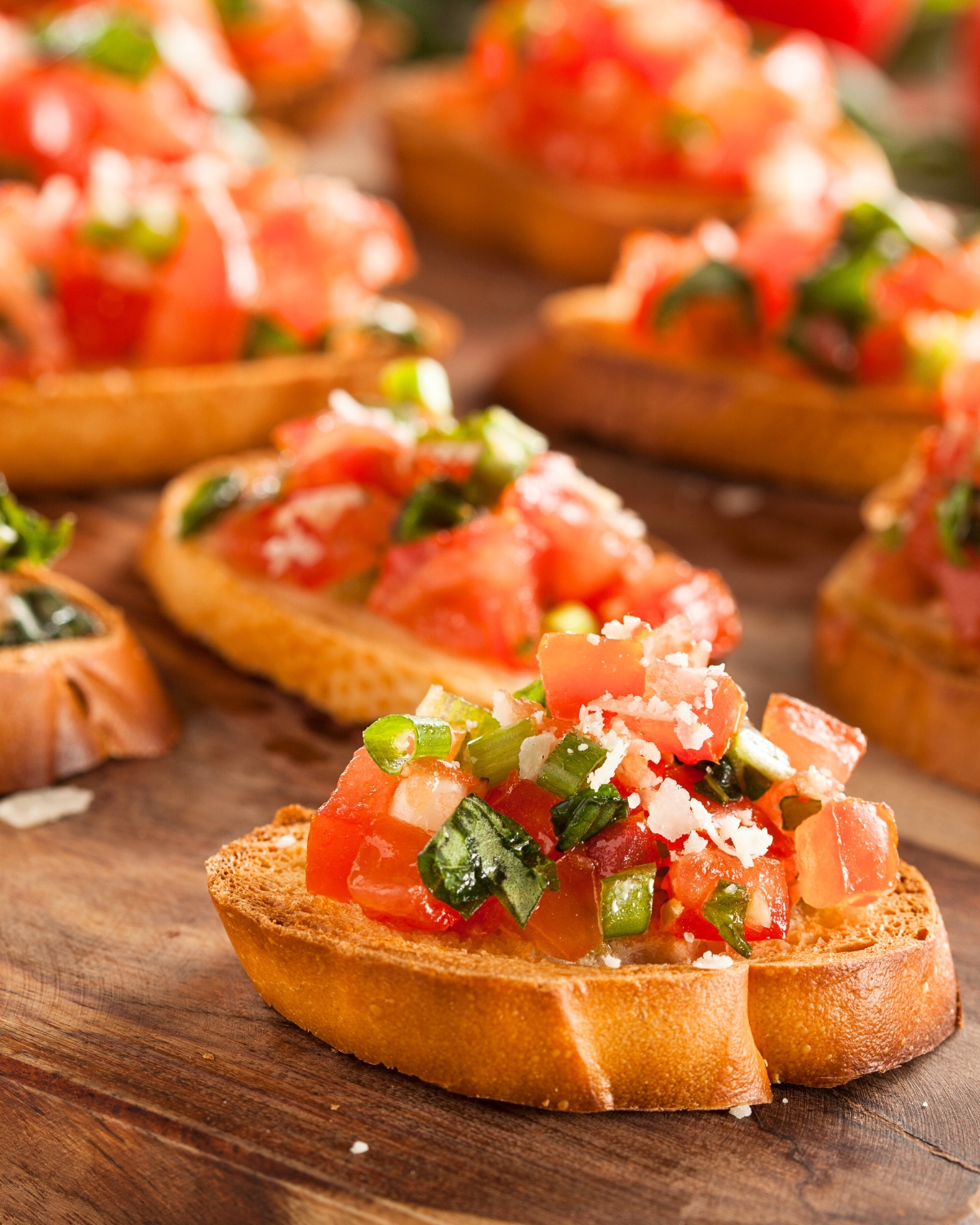 classic crostini bread topped with tomato basil mixture