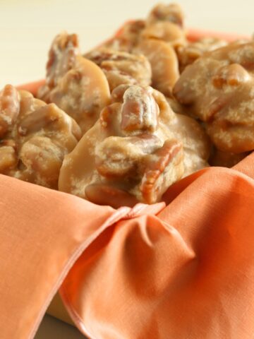 southern pecan pralines in an orange box