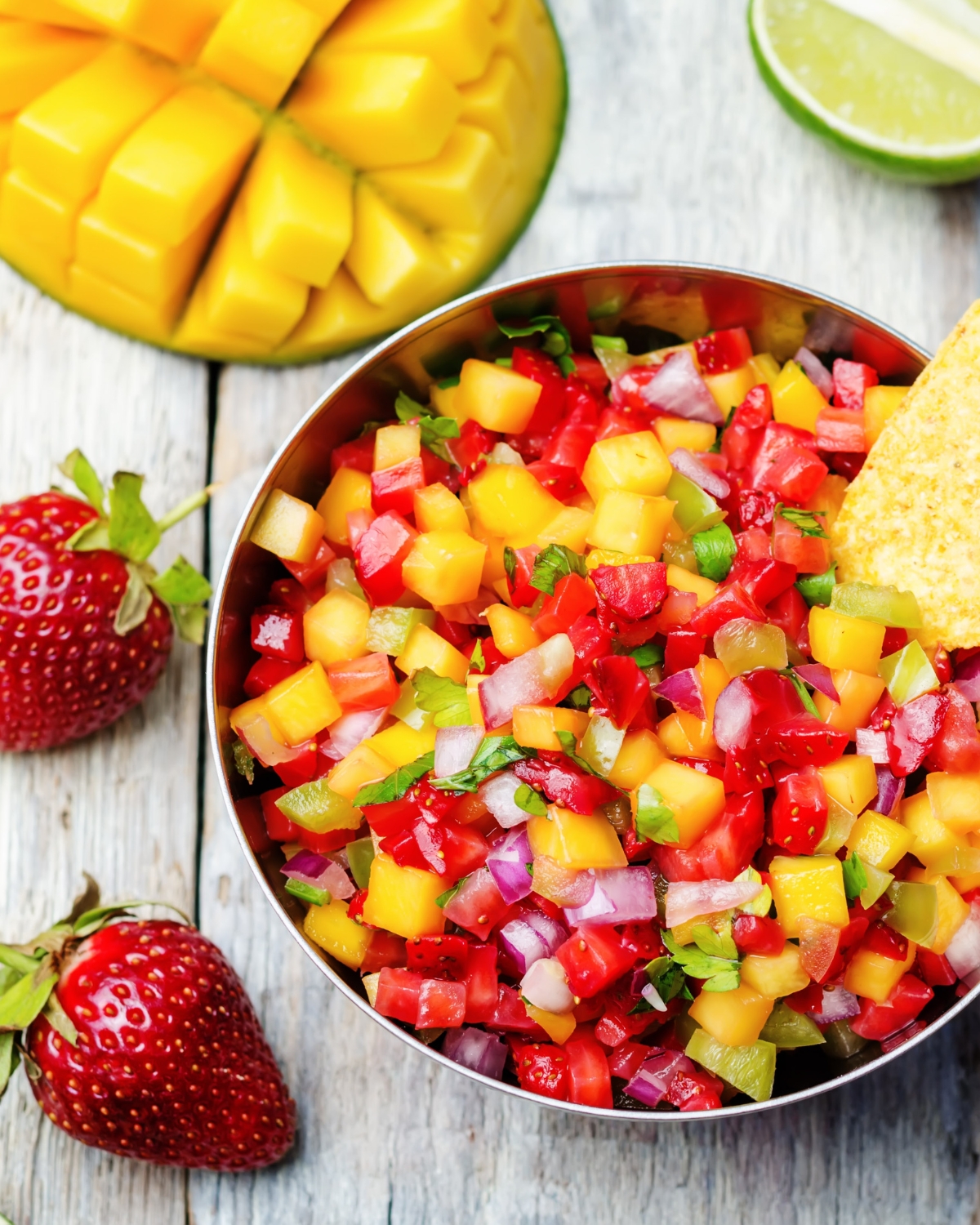 strawberry mango salsa in a bowl 