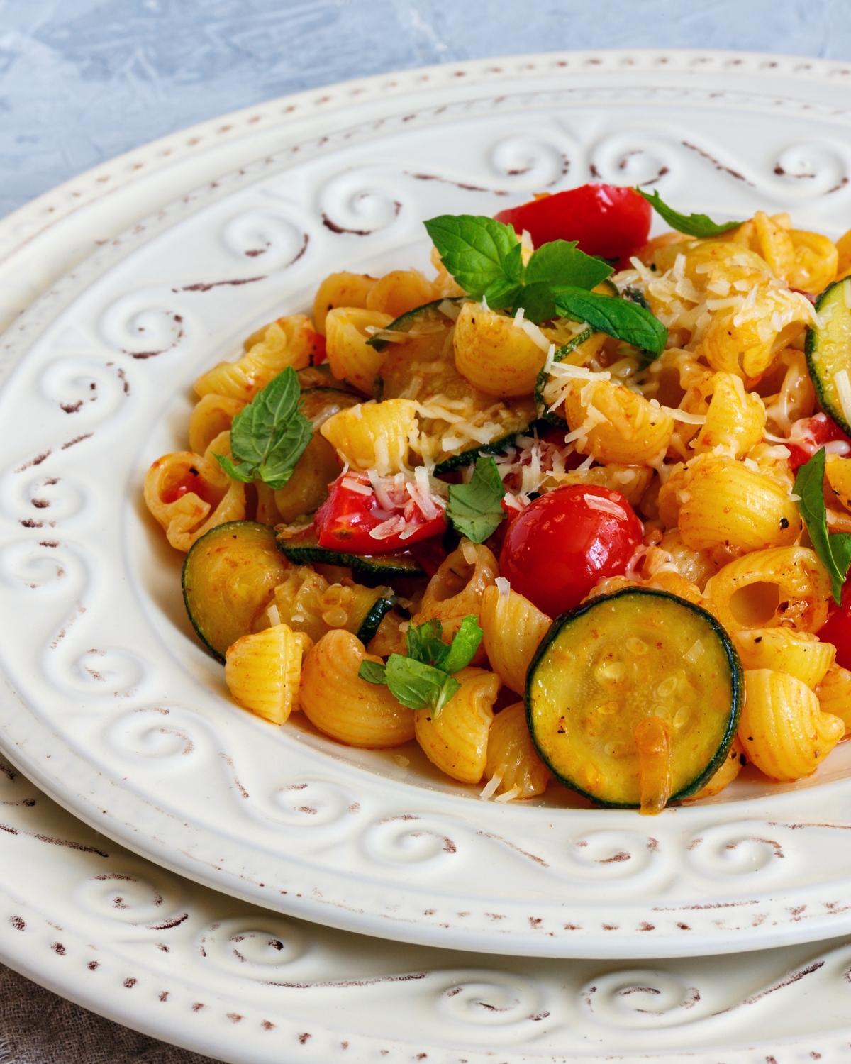 summer tomato zucchini pasta in a white plate