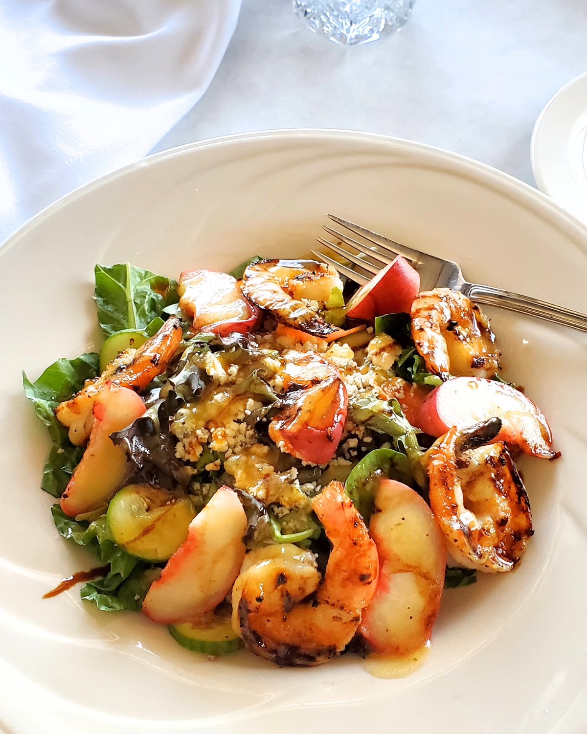 grilled shrimp and white peach salad