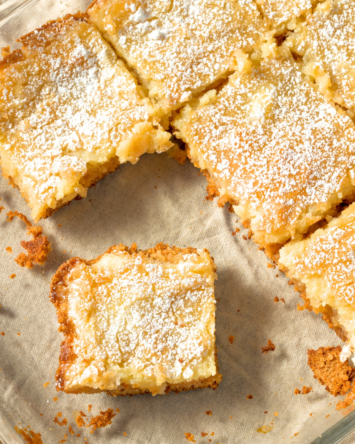 Cake Mix Gooey Butter Cake in a glass pan