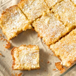 Cake Mix Gooey Butter Cake in a glass pan