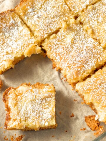 Cake Mix Gooey Butter Cake in a glass pan