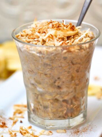 Bananas Foster Overnight Oats in a glass jar