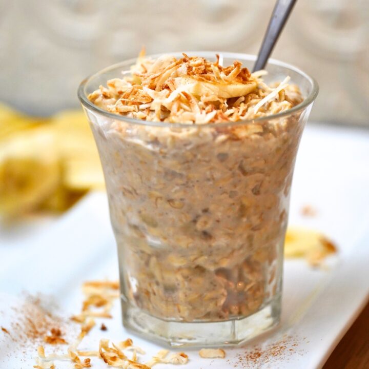 Bananas Foster Overnight Oats in a glass jar