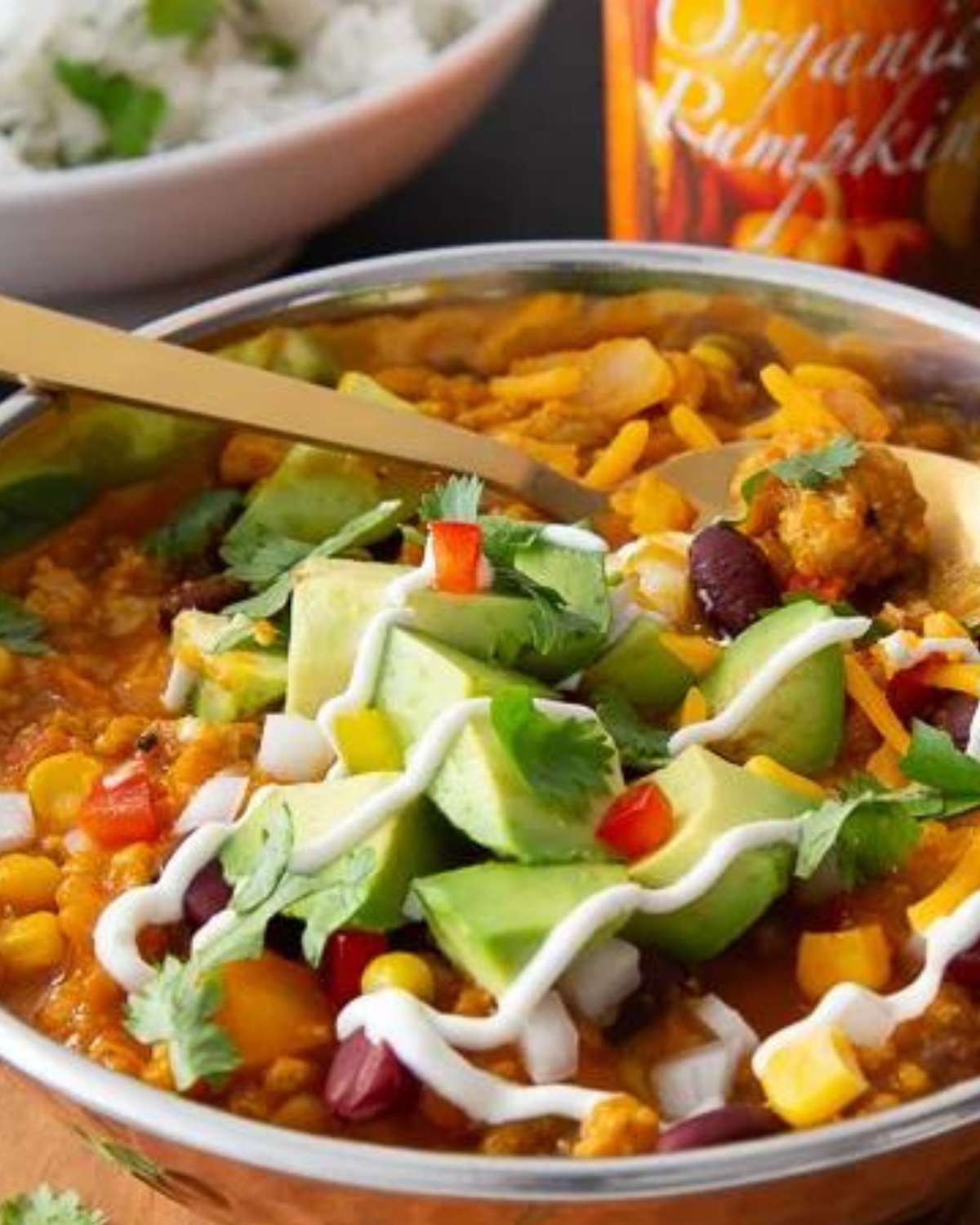 Pumpkin Turkey Chili in a white bowl