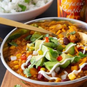 Pumpkin Turkey Chili in a white bowl