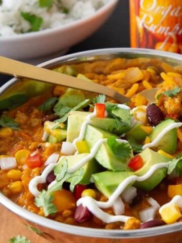 Pumpkin Turkey Chili in a white bowl