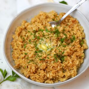 garlic buttered brown rice in a bowl