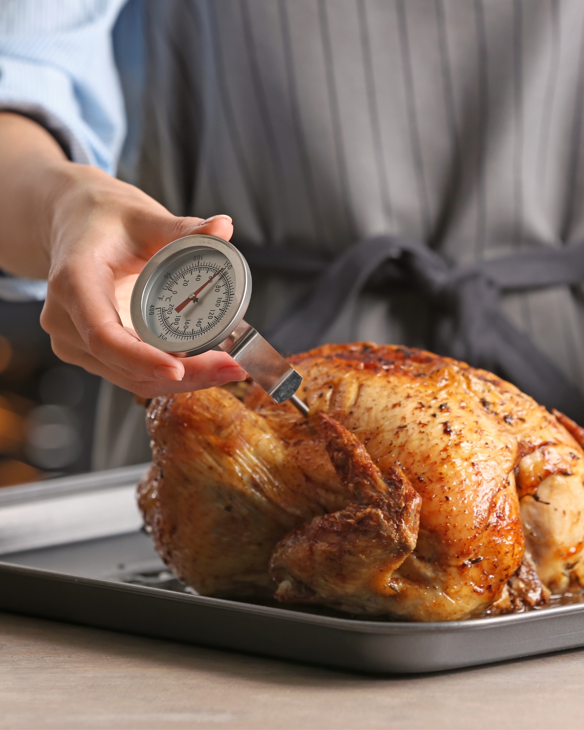 on Thanksgiving Day - thermometer in cooked turkey