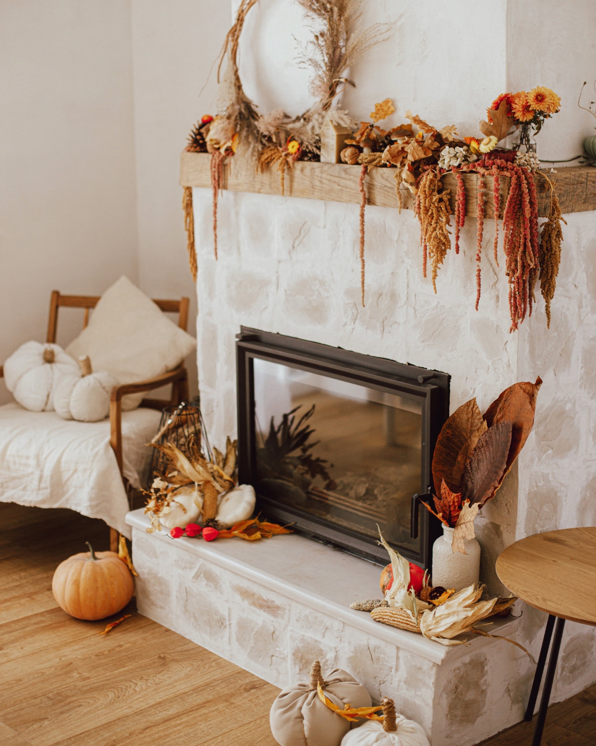 on Thanksgiving Day decorated fireplace